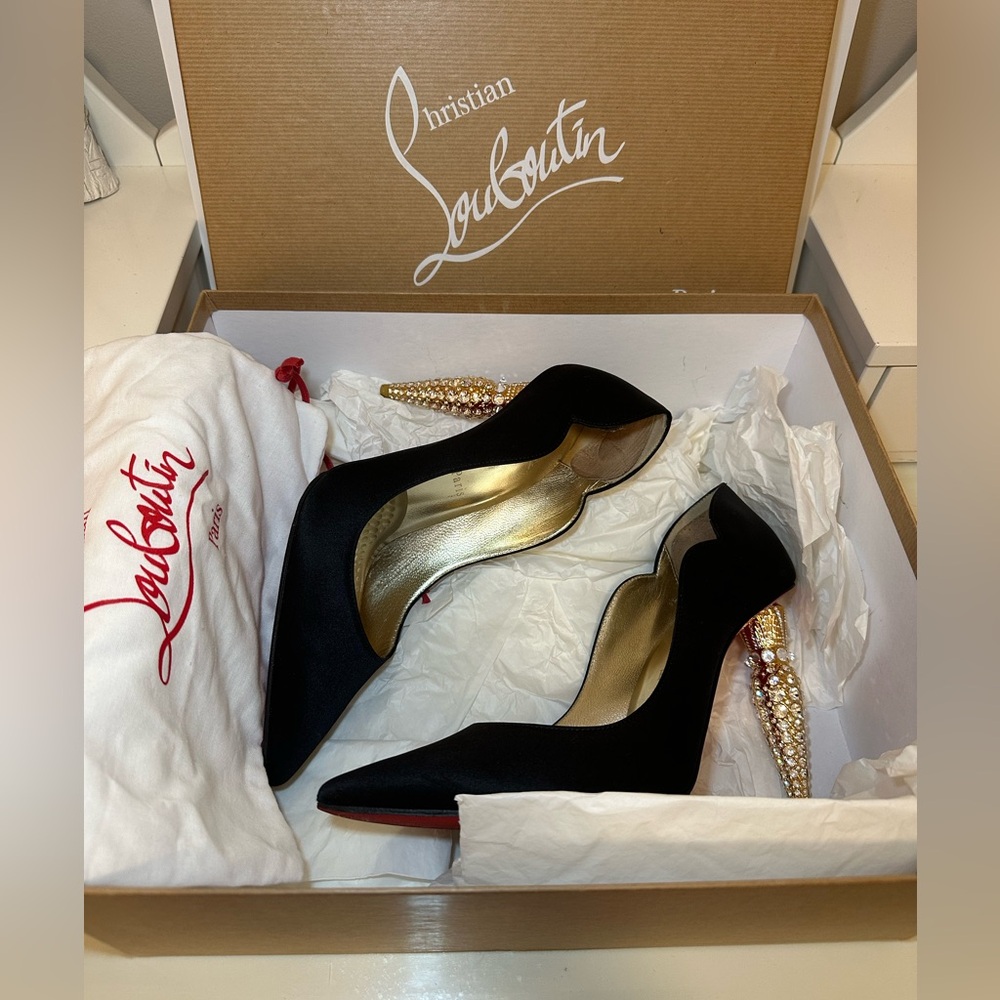 PENDING -  Christian Louboutin hot chick black satin crêpe Lipstrass 100 heels